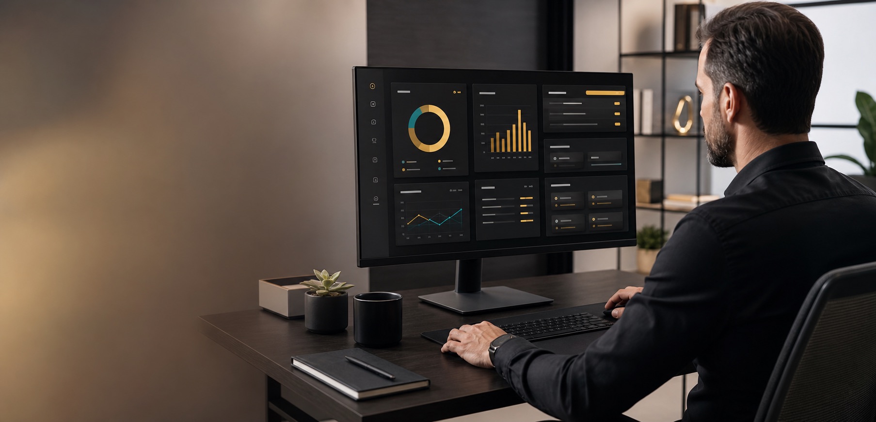 Professional small business operator using a NODE-style dashboard on a computer