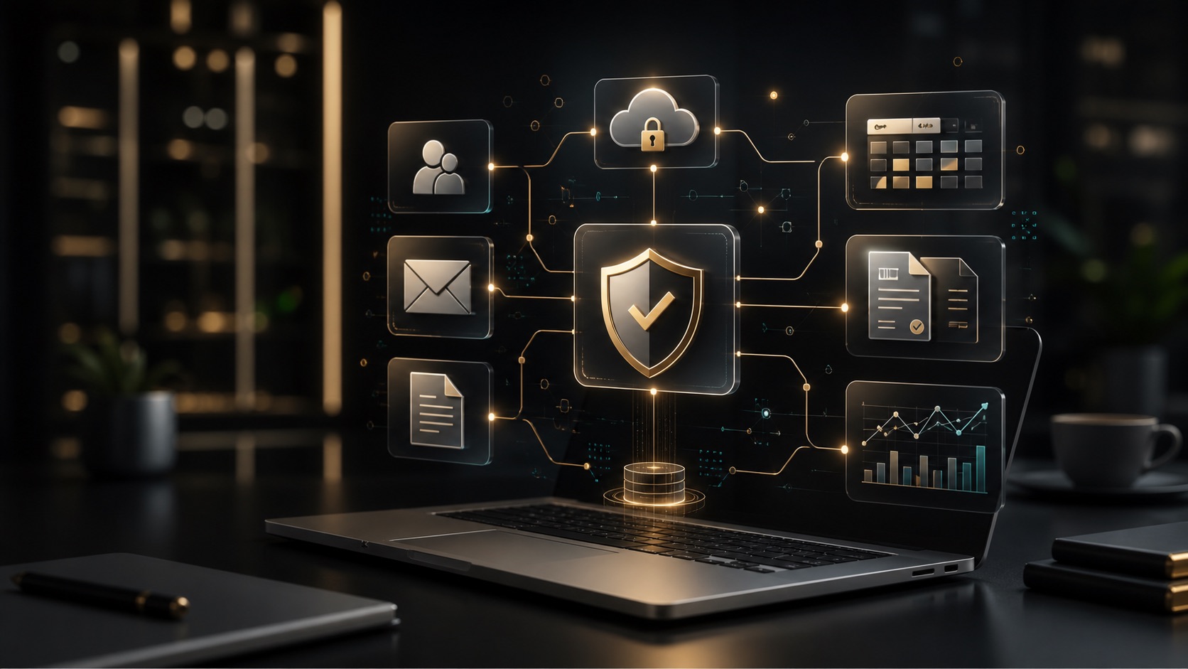 Secure systems, documents, and reporting workflow illustration